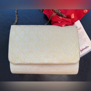NWT FabIndia Silky Gold Brocade Zari Clutch Purse Bag & Bronze Handle Dust cover